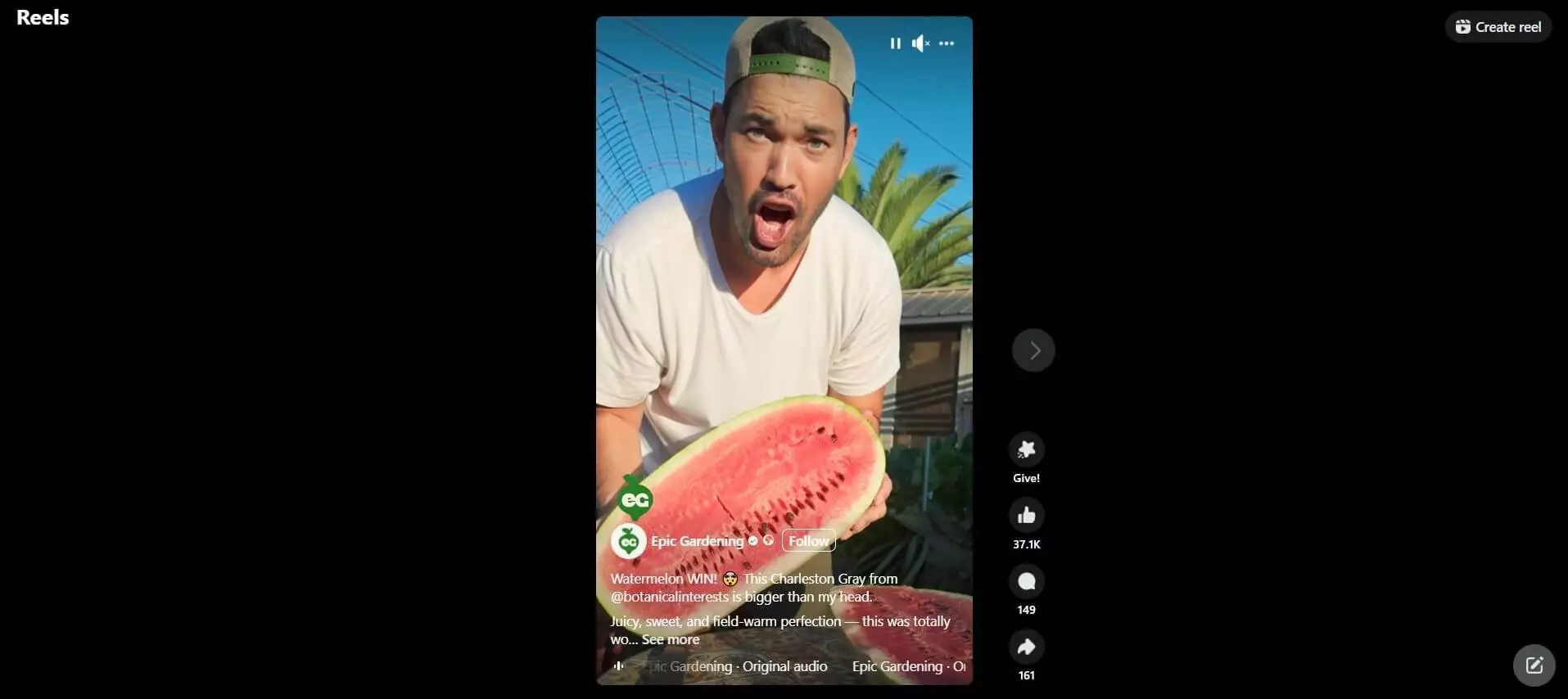 Reel by Epic Gardening featuring a man holding a large, freshly harvested watermelon with an excited expression.