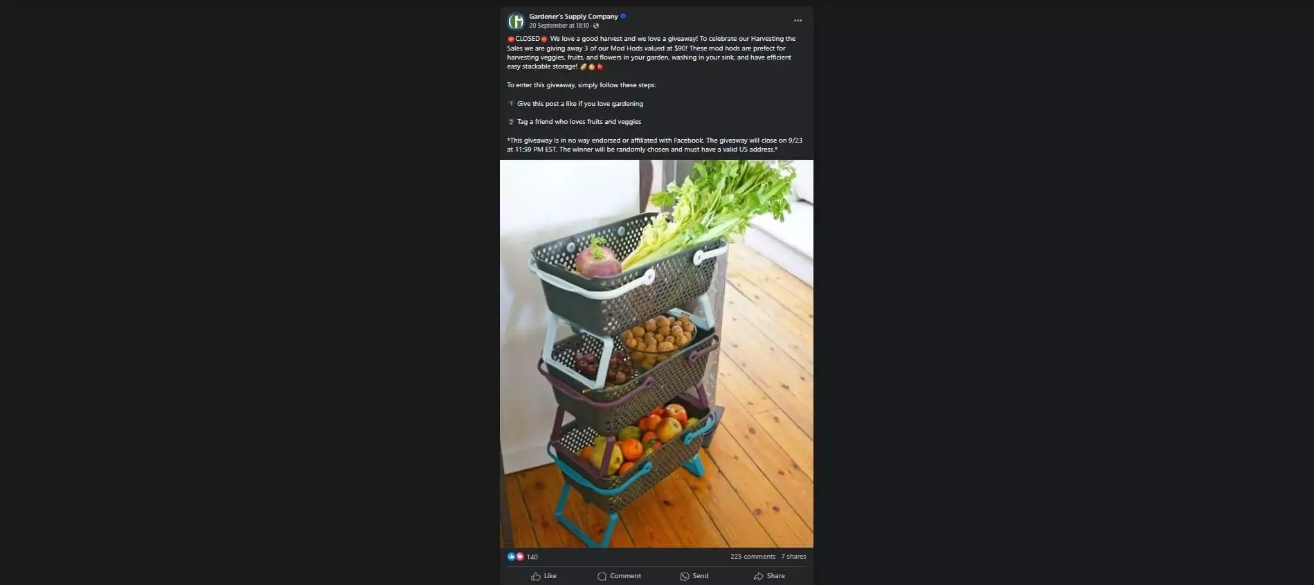 Stackable storage baskets filled with harvested vegetables and fruits, shared in a Gardener's Supply Company giveaway post.