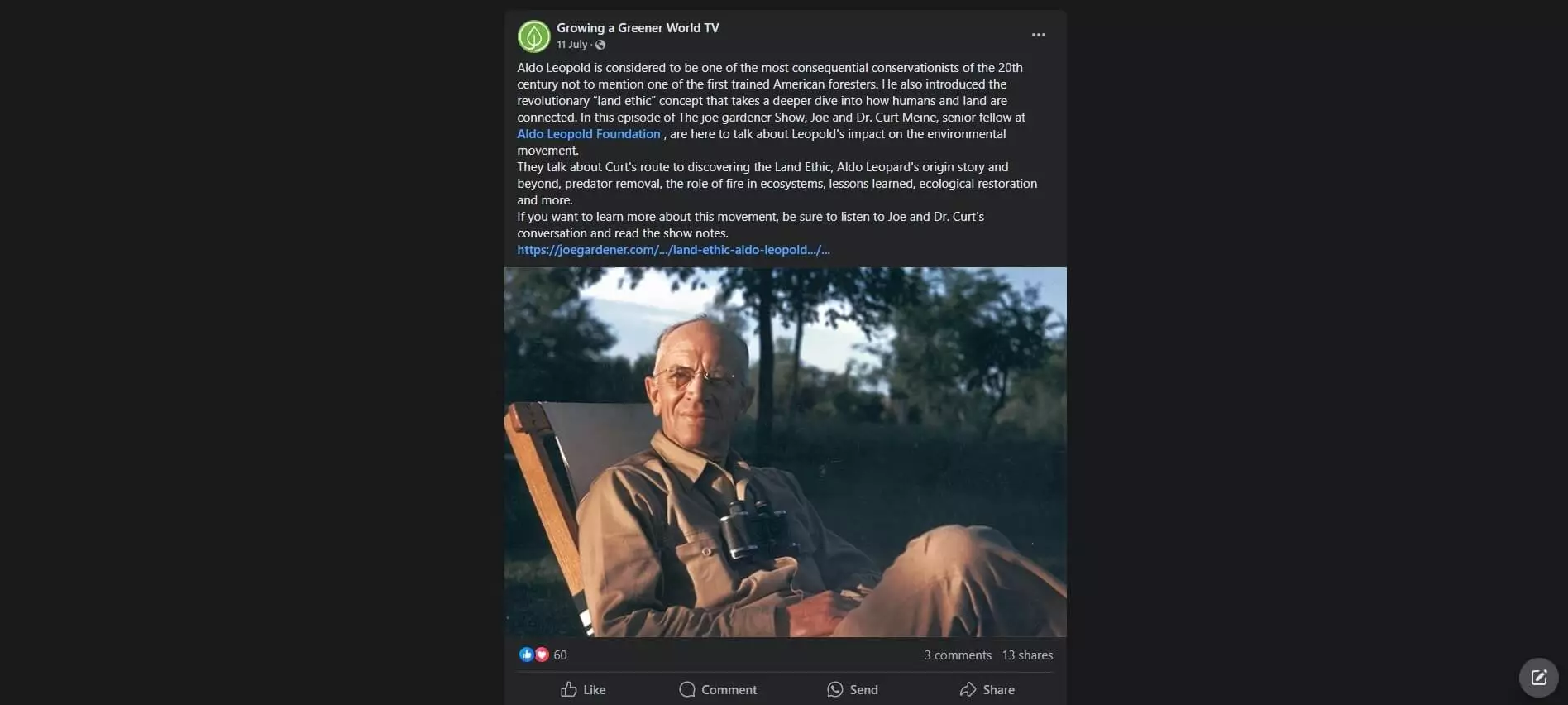 Portrait of Aldo Leopold seated outdoors with binoculars, representing his contributions to conservation and the land ethic philosophy.