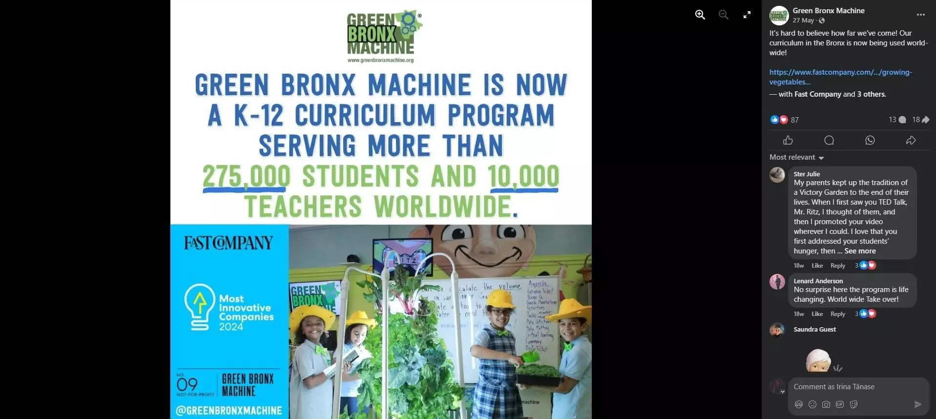 Green Bronx Machine announcement: K-12 curriculum serving 275,000 students and 10,000 teachers worldwide, featuring kids and plants.