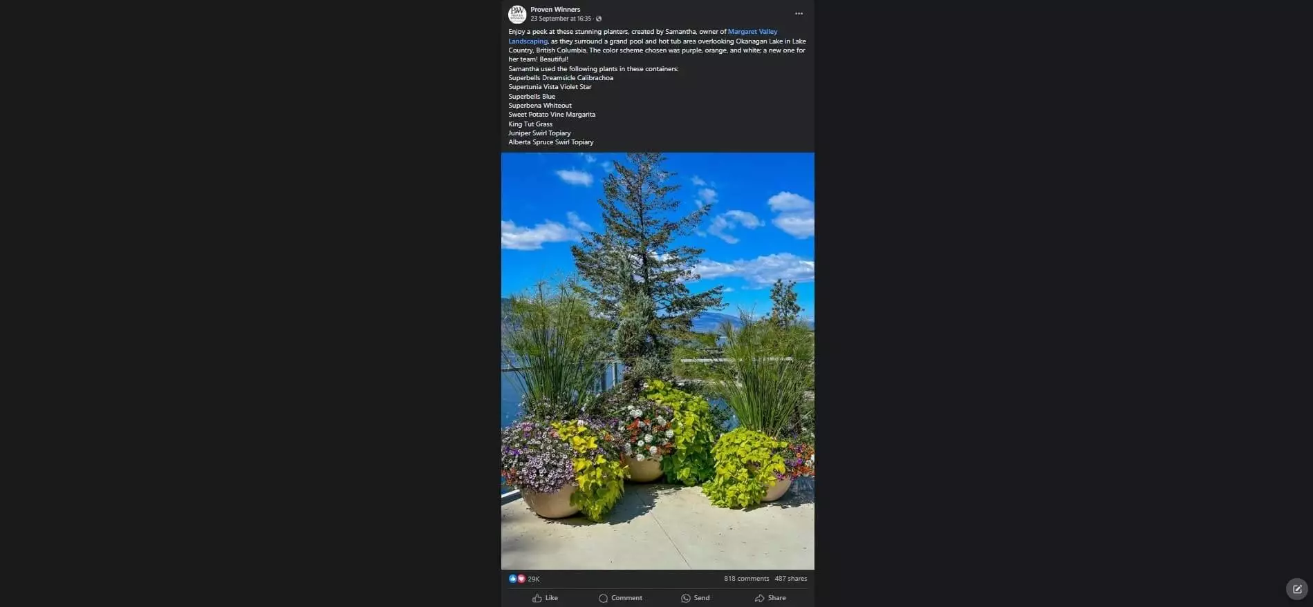 Colorful planters with vibrant flowers and greenery by a pool, overlooking Okanagan Lake under a bright blue sky.