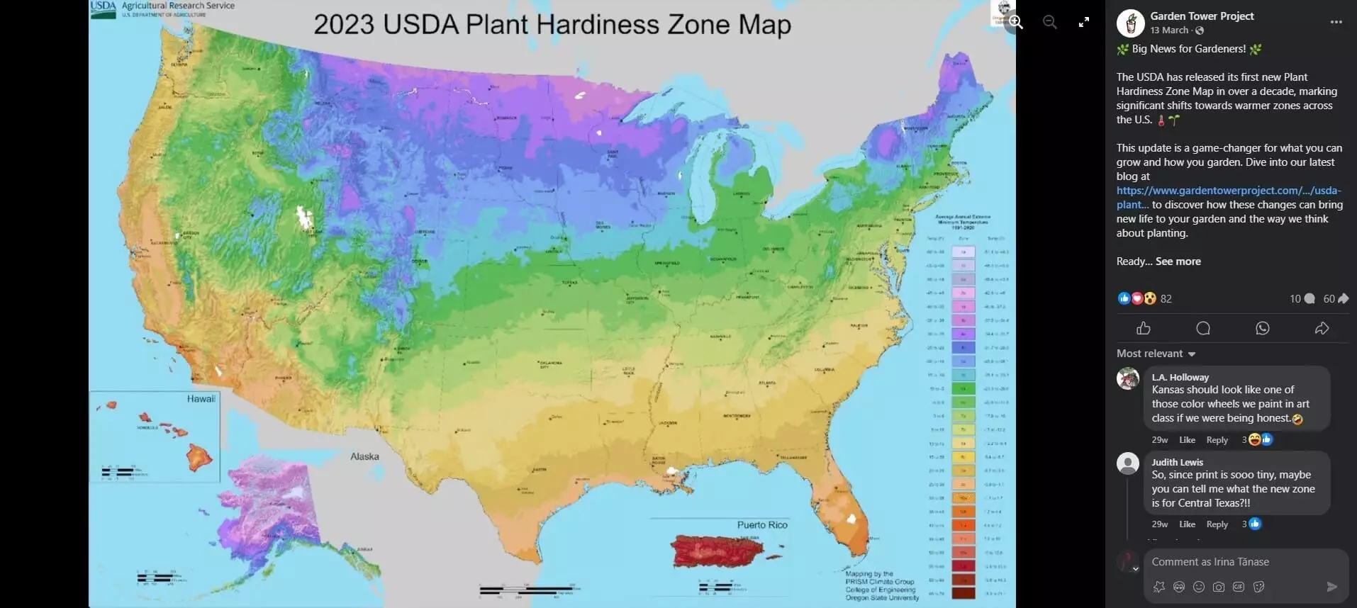 2023 USDA Plant Hardiness Zone Map highlighting climate zones across the U.S., shared in a Facebook post with gardening updates.