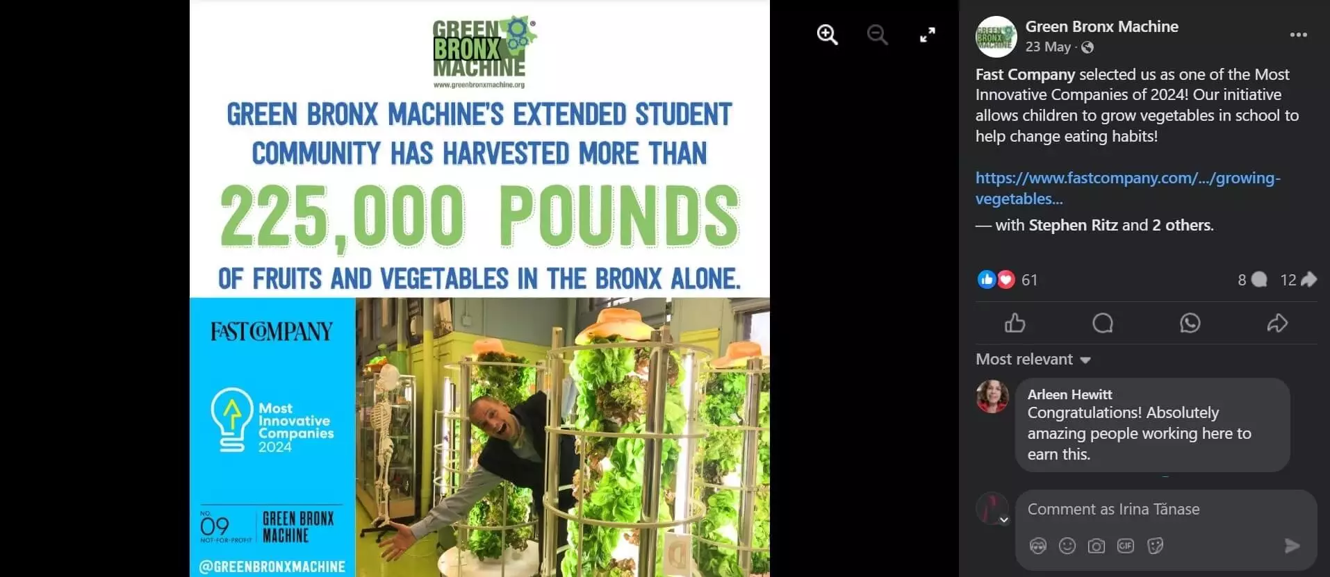 Graphic celebrating Green Bronx Machine's milestone of harvesting 225,000 pounds of produce, recognized by Fast Company as innovative in 2024.