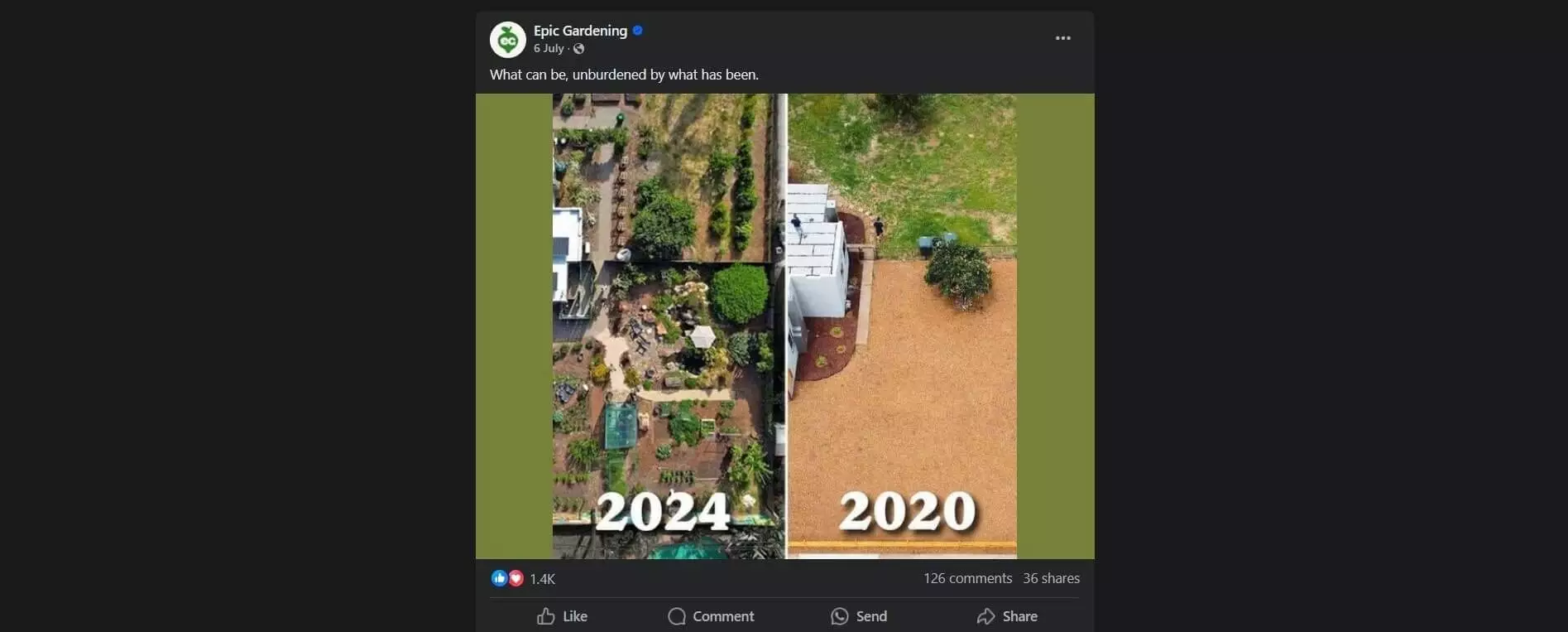 Side-by-side aerial comparison showing a barren yard in 2020 transformed into a lush garden in 2024, shared by Epic Gardening.