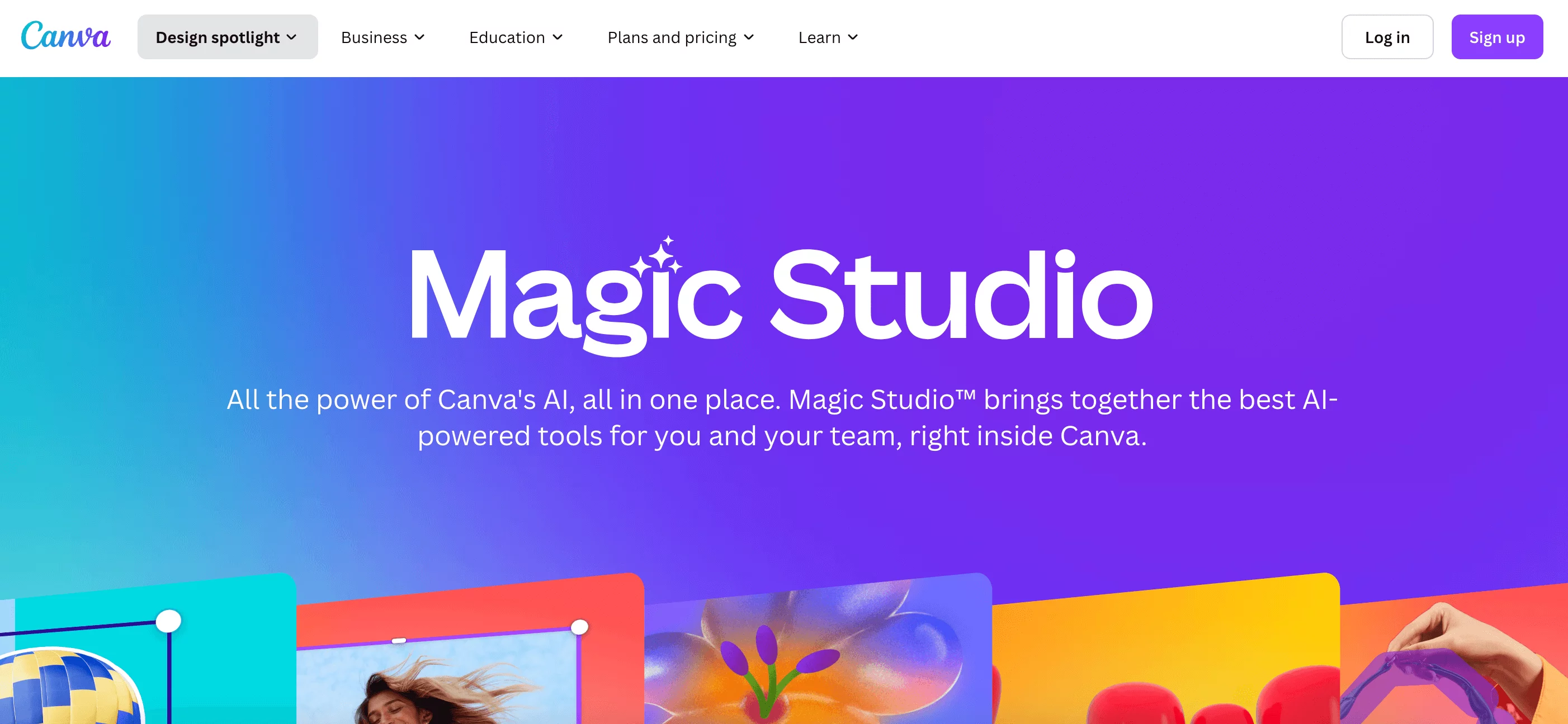 Canva's Magic Studio feature promoting AI-powered tools for design and collaboration in a vibrant, colorful interface.