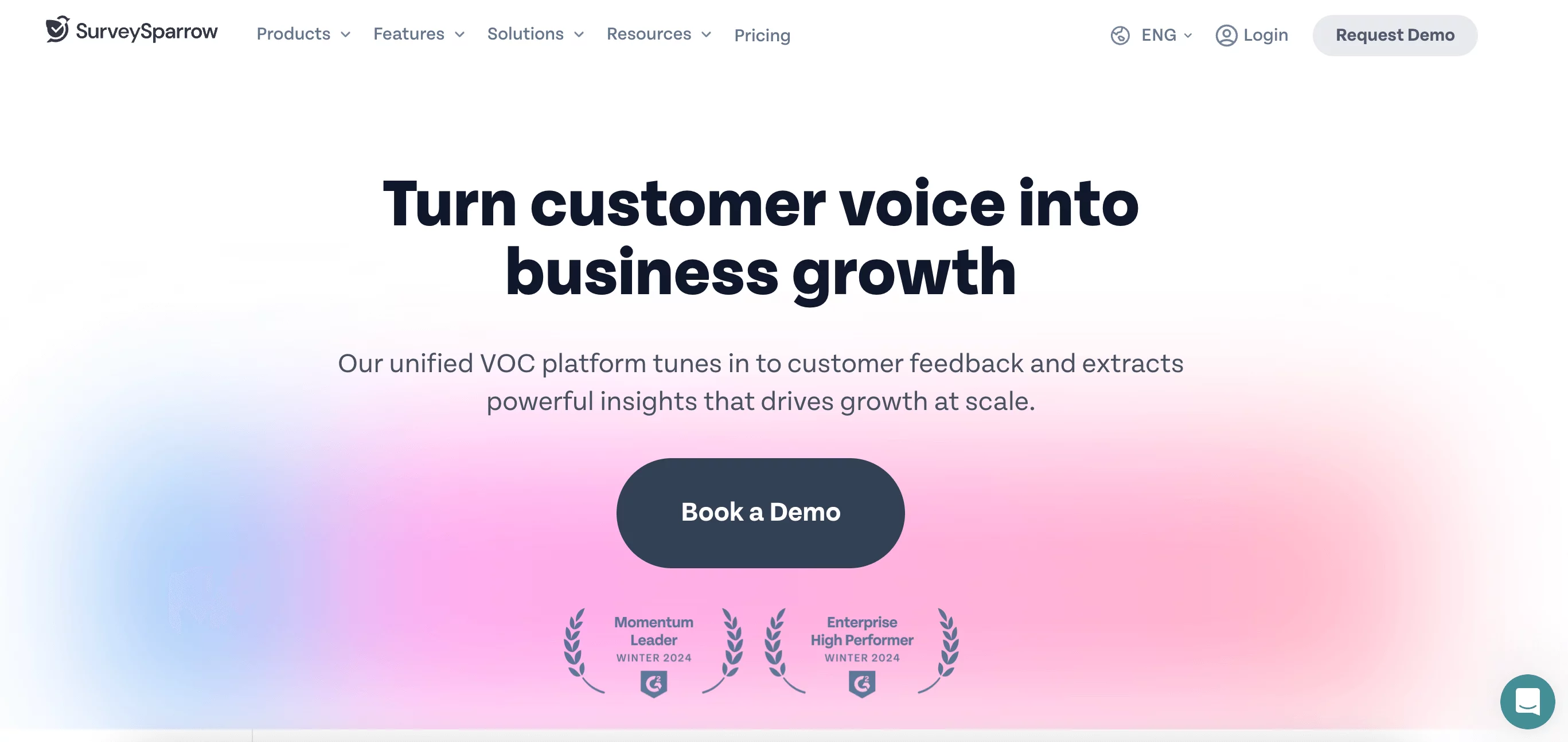 SurveySparrow homepage promoting its VOC platform for transforming customer feedback into actionable insights for business growth.