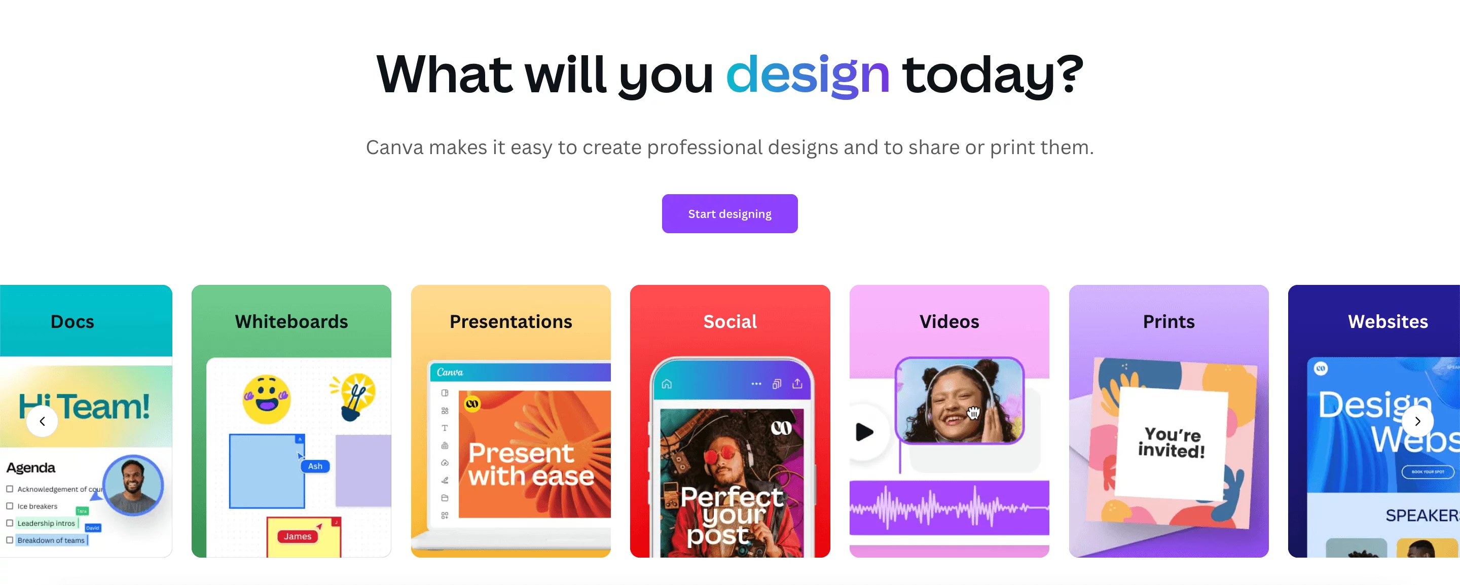 A part of Canva's homepage showing a colorful interface with caroussel of tools for designing docs, presentations, social media posts, videos, prints, and websites.