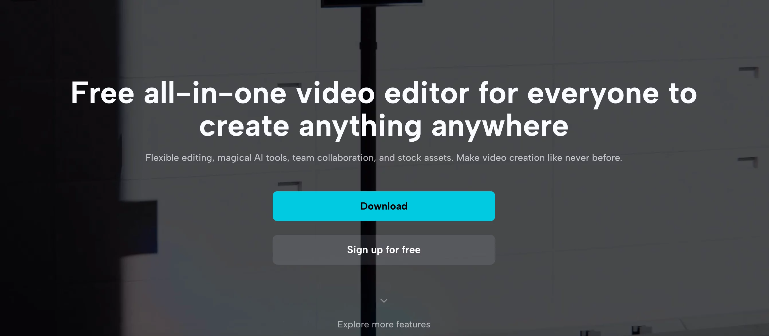 CapCut's homepage displaying a title promoting a free all-in-one video editor for flexible editing, AI tools, and collaboration, with "Download" and "Sign up for free" buttons.