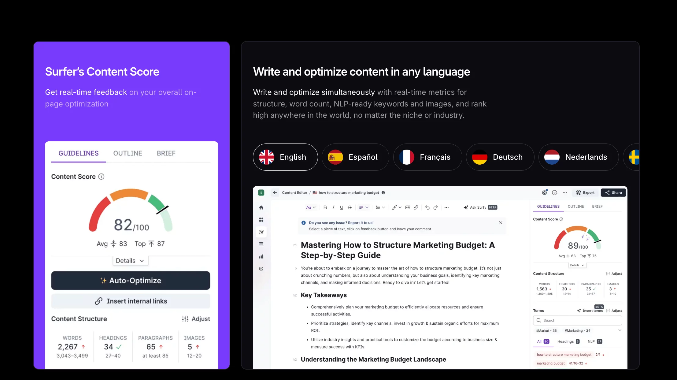 Surfer SEO's landing page showing parts of its content editor such as the optimization score, real-time guidelines, and multilingual editing tools for improved content performance.