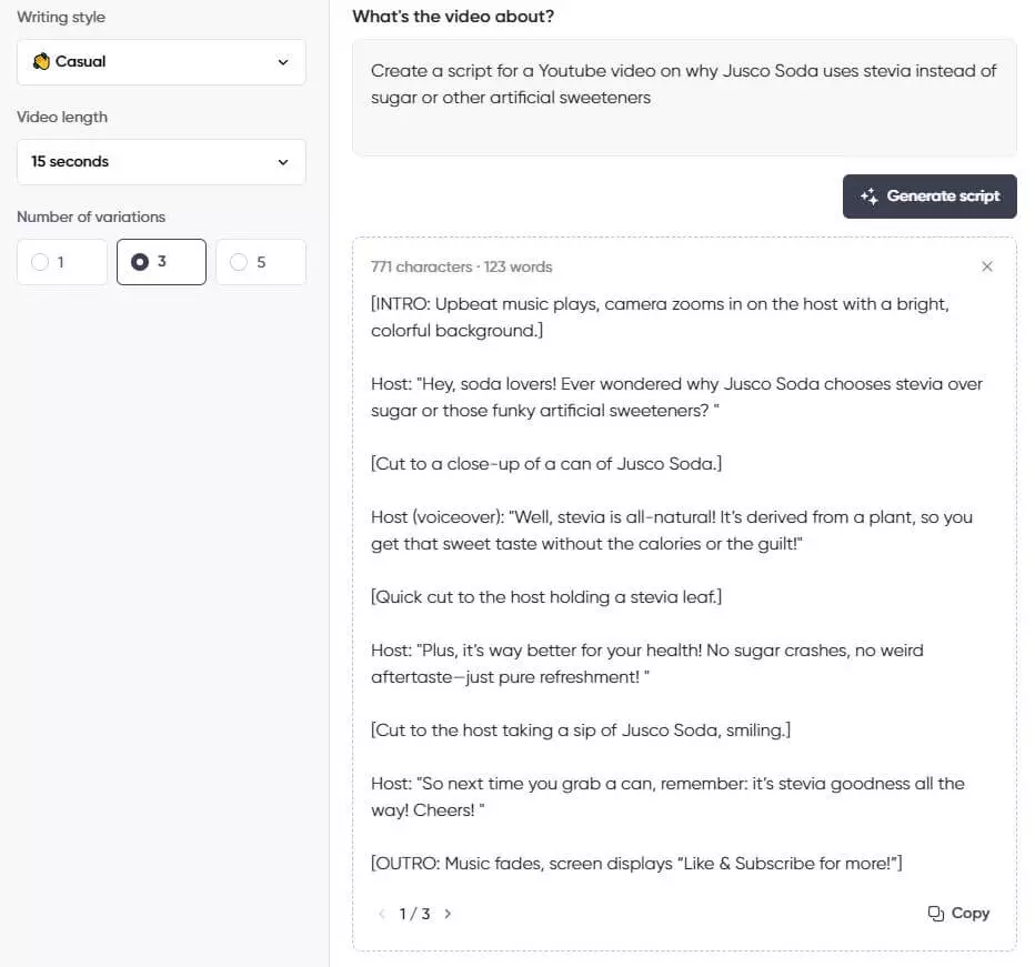Screenshot of a script generator interface showing a casual 15-second YouTube video script explaining why Jusco Soda uses stevia instead of sugar or artificial sweeteners.