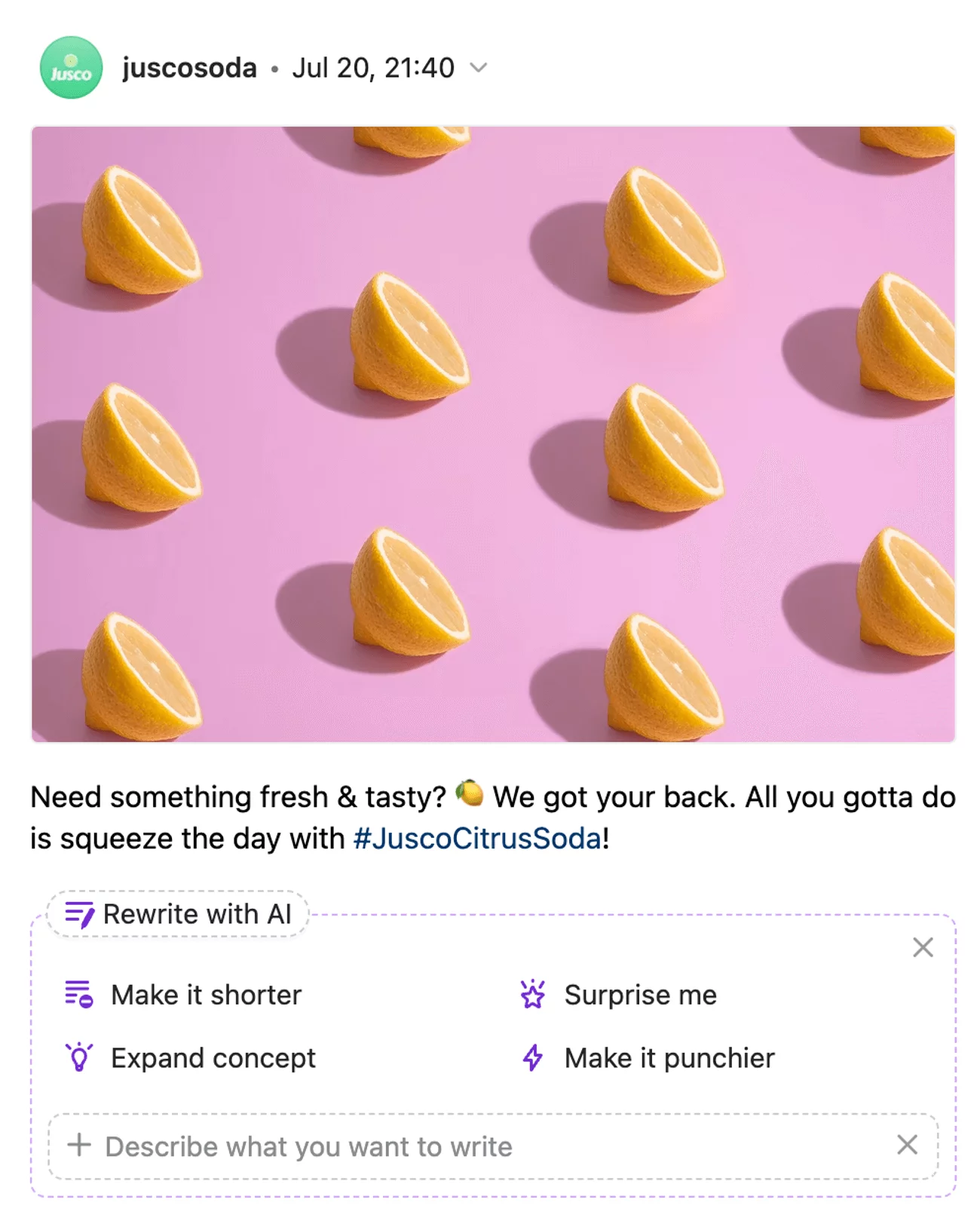 Rewriting captions functions with Planable AI for a social media post in the composer showing pattern of halved lemons on a pink background with Jusco Soda's promotional text about freshness and #JuscoCitrusSoda.