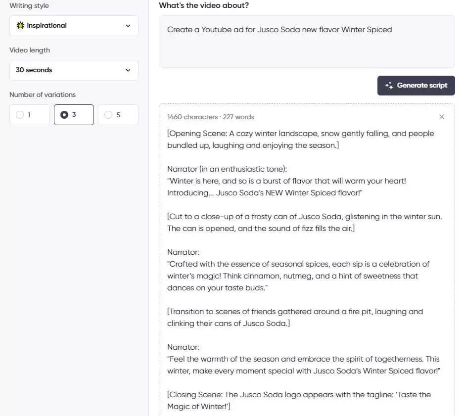 Screenshot of a script generator interface showing an inspirational 30-second YouTube ad script for Jusco Soda's new Winter Spiced flavor, highlighting cozy winter moments and seasonal spices.