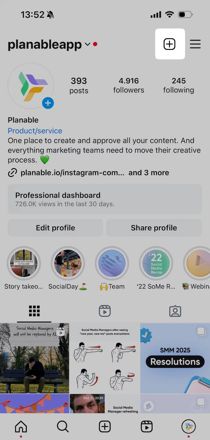 Planable's Instagram account with highlight on creating a new post by clicking on the prominently highlighted + icon