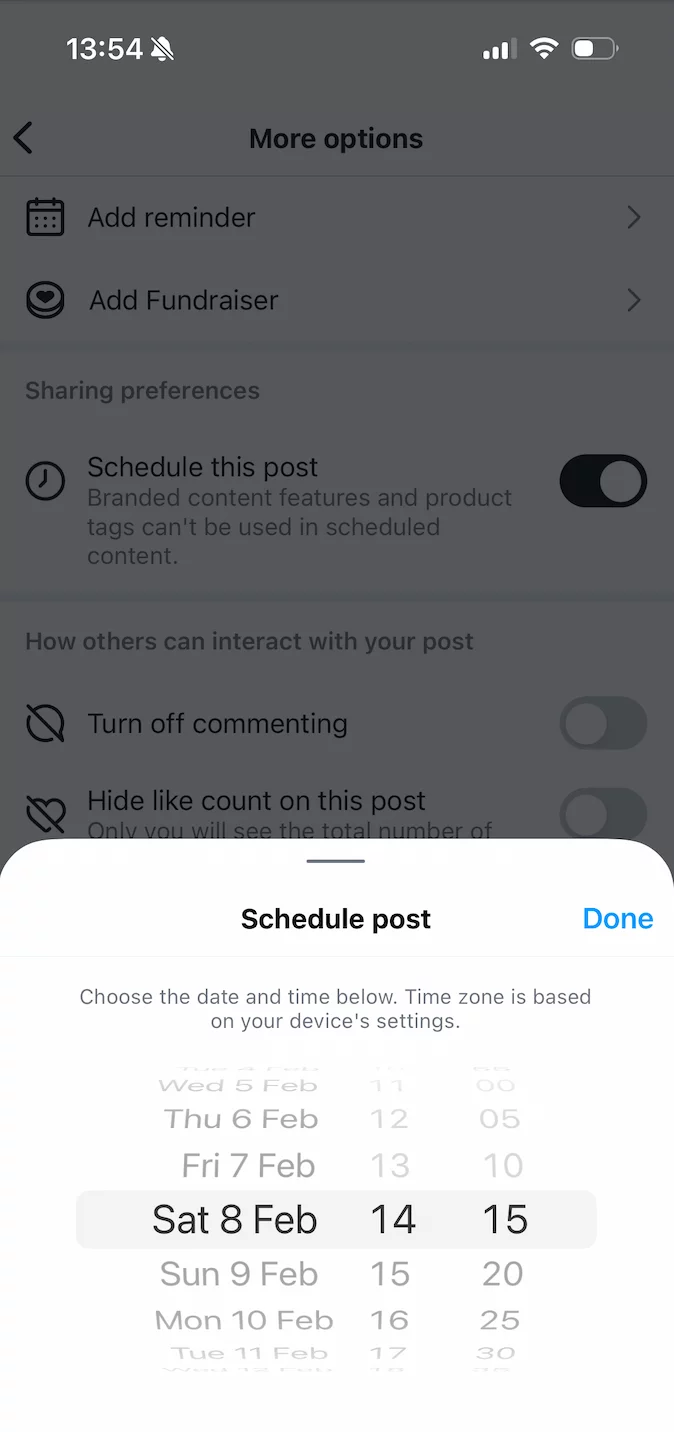 Date and time selector for scheduling an Instagram post in the future