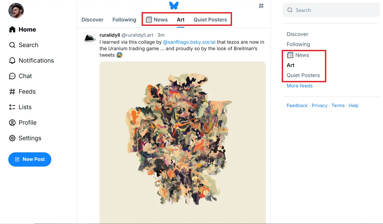 Bluesky interface highlighting tabs like "News," "Art," and "Quiet Posters," with an abstract digital artwork in the feed.