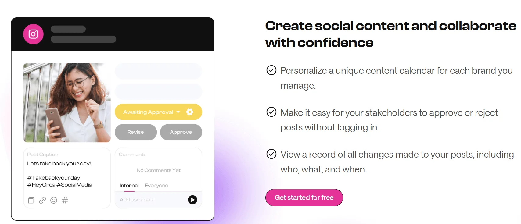 HeyOrca's landing page displaying social media post approval interface with features to revise or approve content and collaborate on a personalized content calendar.