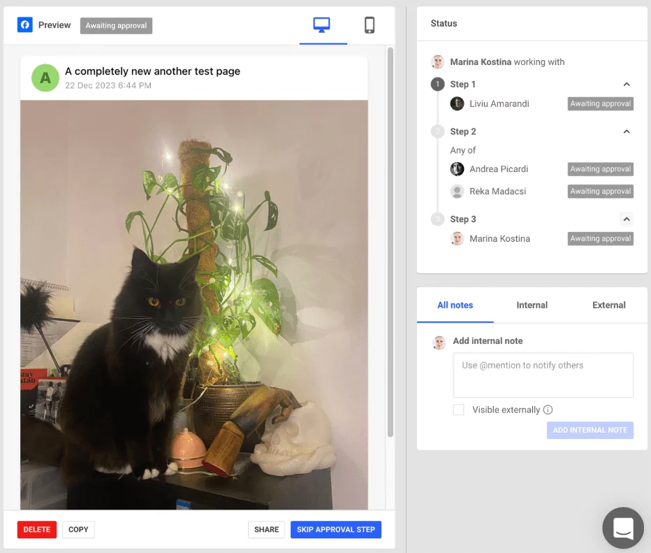 Brandwatch's social media post preview with a black cat, approval workflow steps, status updates, and options to add internal notes or share.