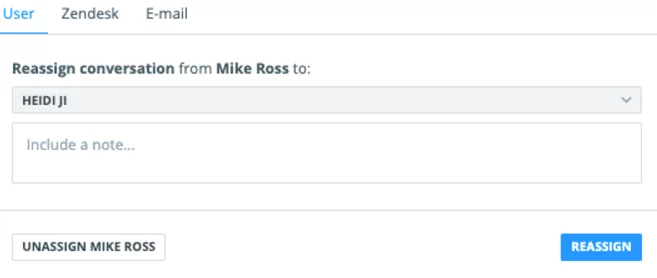 Brandwatch's interface for reassigning a conversation from Mike Ross to another user, with options to include a note and confirm reassignment.