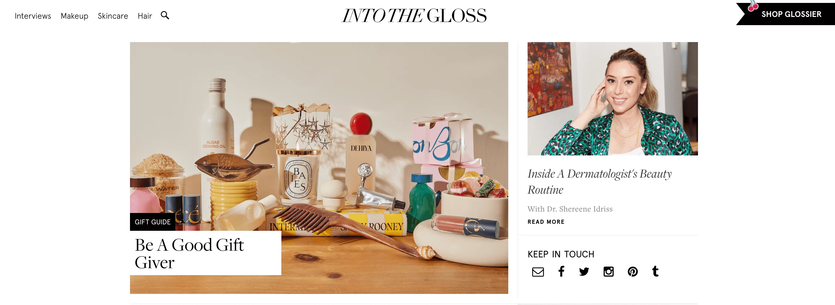 "Into The Gloss" webpage featuring a curated gift guide with beauty products and a feature on a dermatologist's beauty routine by Dr. Shereene Idriss.