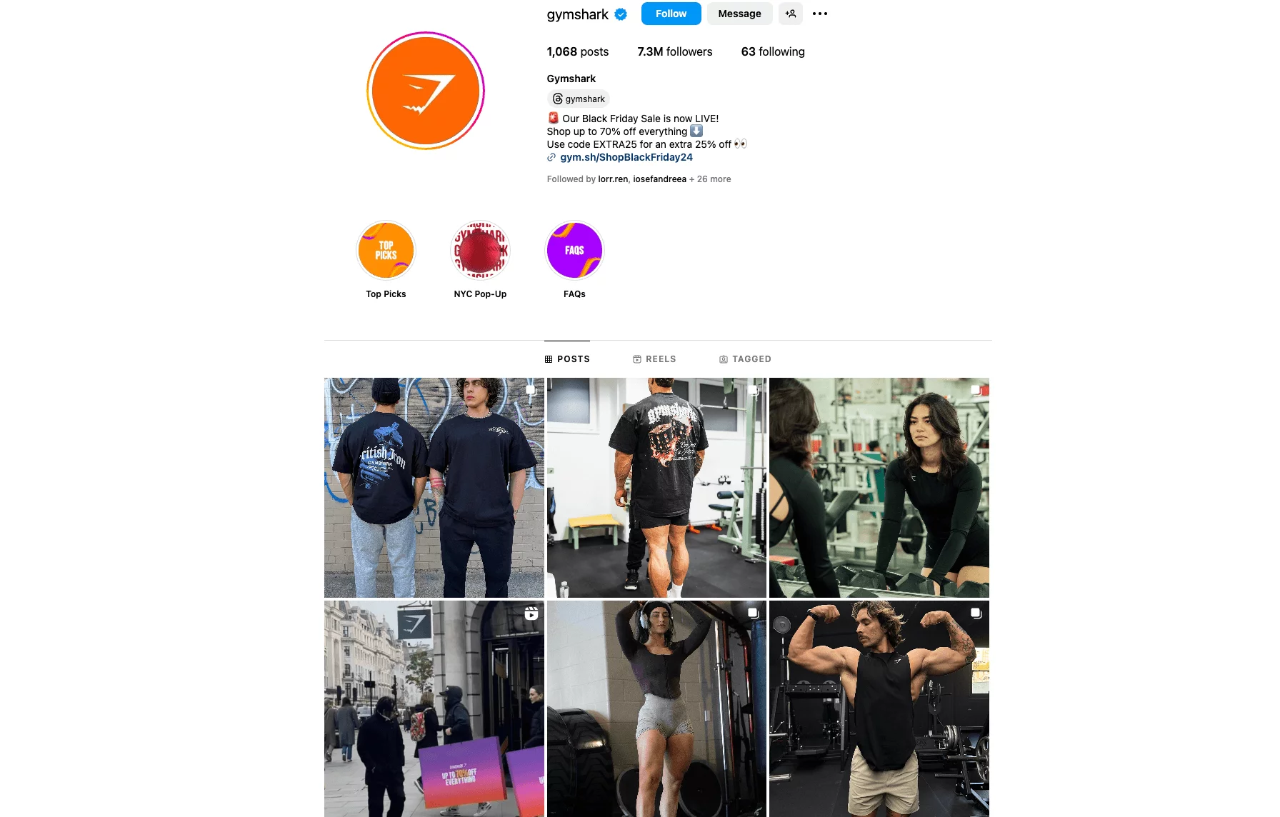 Gymshark's Instagram profile featuring highlights, promotional details about a Black Friday sale, and posts showcasing fitness apparel and athletes.