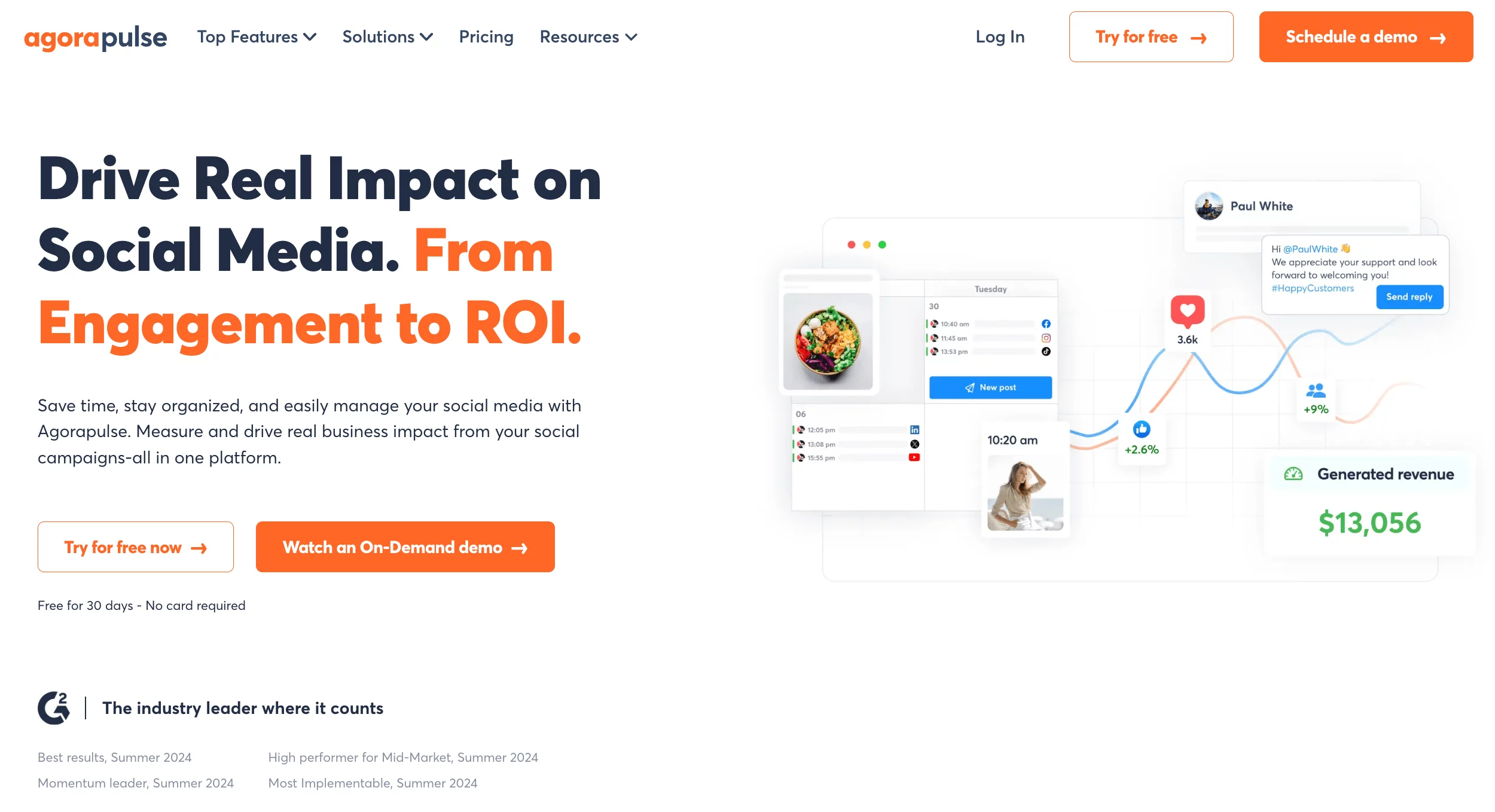 Agorapulse homepage with a tagline highlighting engagement to ROI, featuring social media scheduling, analytics, and revenue tracking.