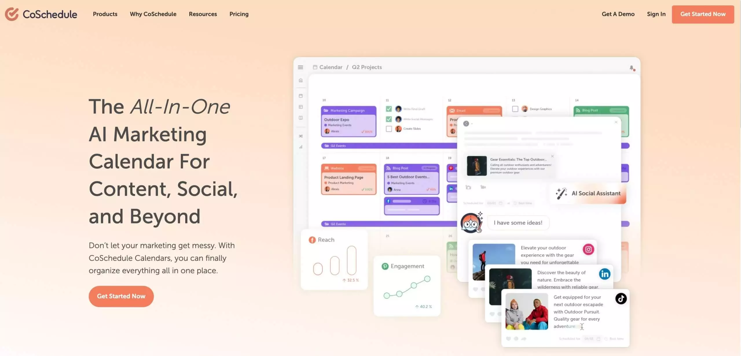 CoSchedule homepage showcasing an AI-powered marketing calendar for content and social media management with collaboration tools.