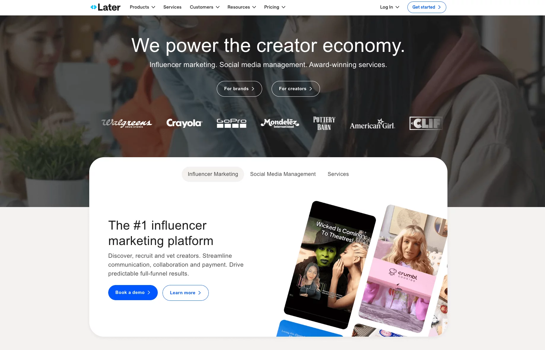 Later homepage promoting influencer marketing and social media management with a focus on creator economy and brand collaborations. 