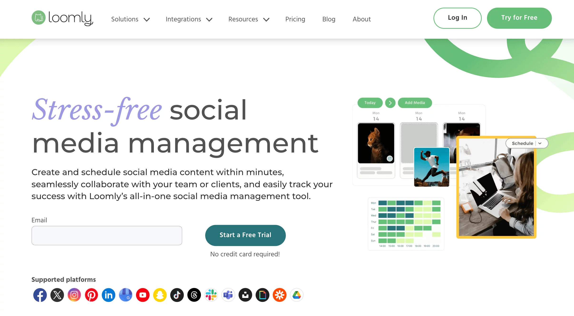 Loomly homepage highlighting stress-free social media management with content scheduling, collaboration, and performance tracking.