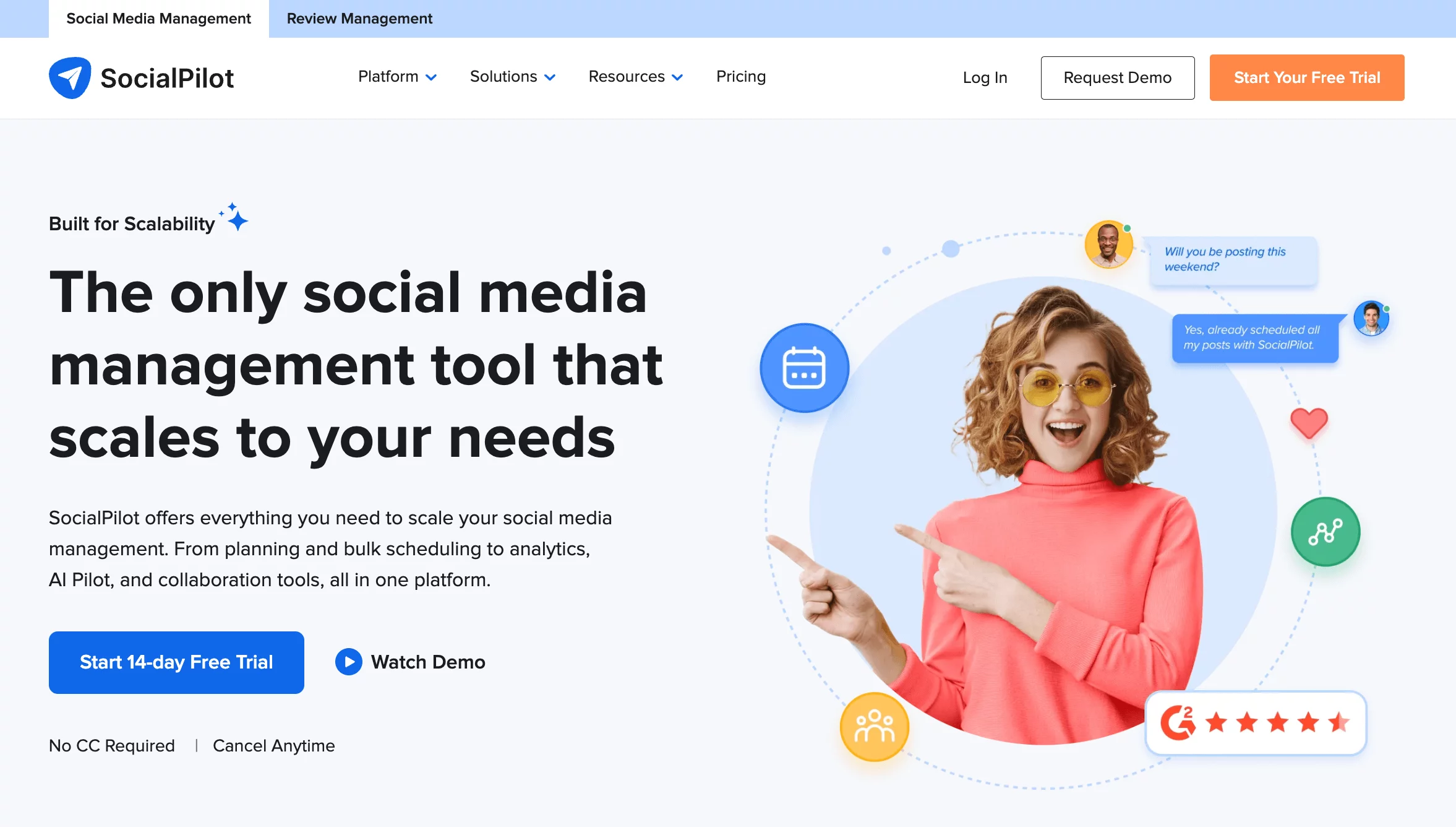 SocialPilot homepage showcasing a scalable social media management platform with bulk scheduling, analytics, and AI-driven collaboration.