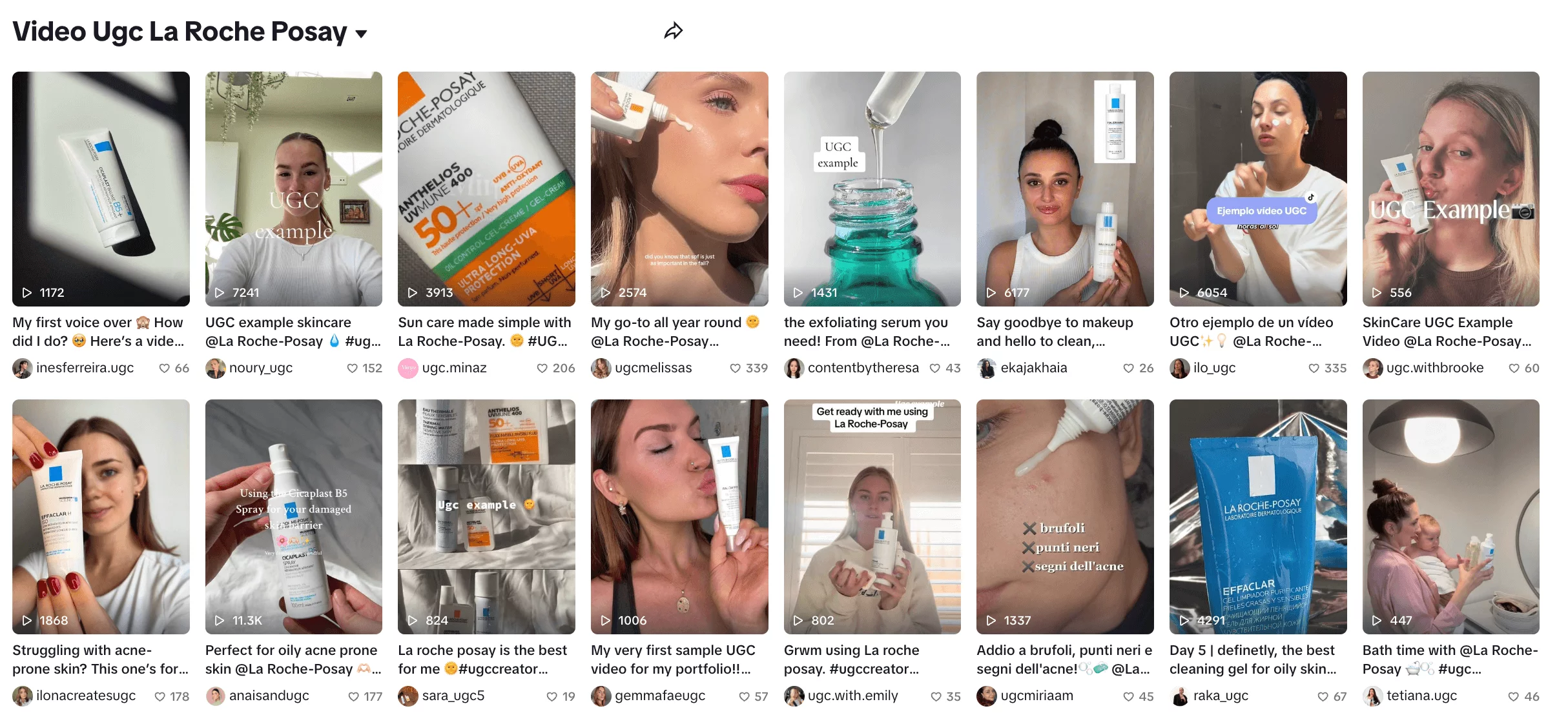 TikTok search results featuring user-generated content (UGC) videos promoting La Roche-Posay skincare products and routines.