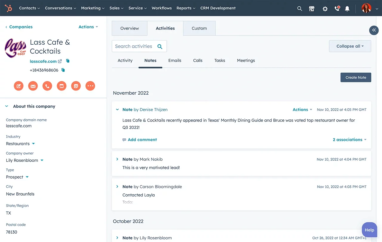 HubSpot CRM interface displaying company details, activity notes, and interactions for Lass Cafe & Cocktails under the "Activities" tab.