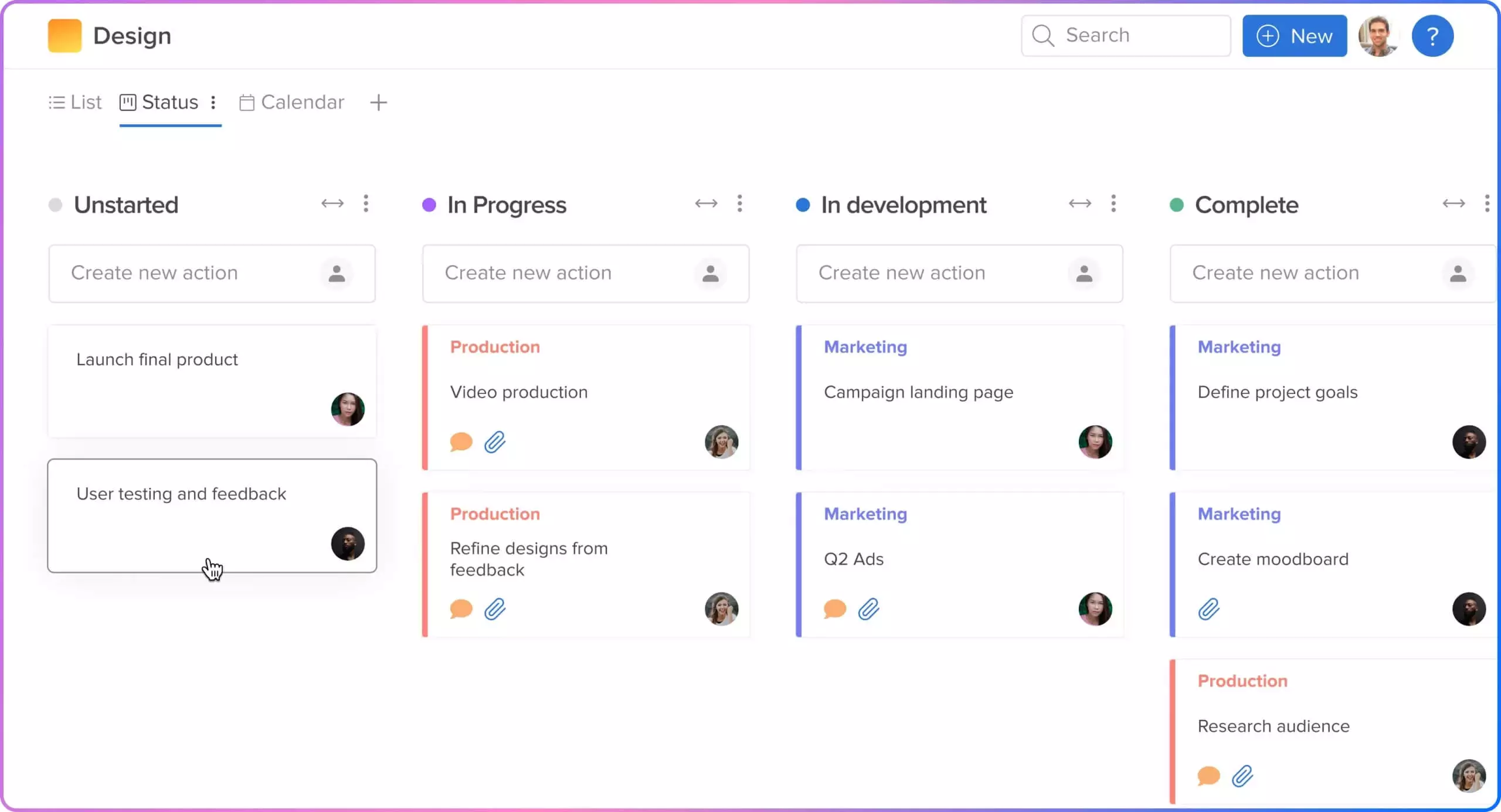 Hive's design project board displaying tasks in "Unstarted," "In Progress," "In Development," and "Complete" columns with assigned team members.