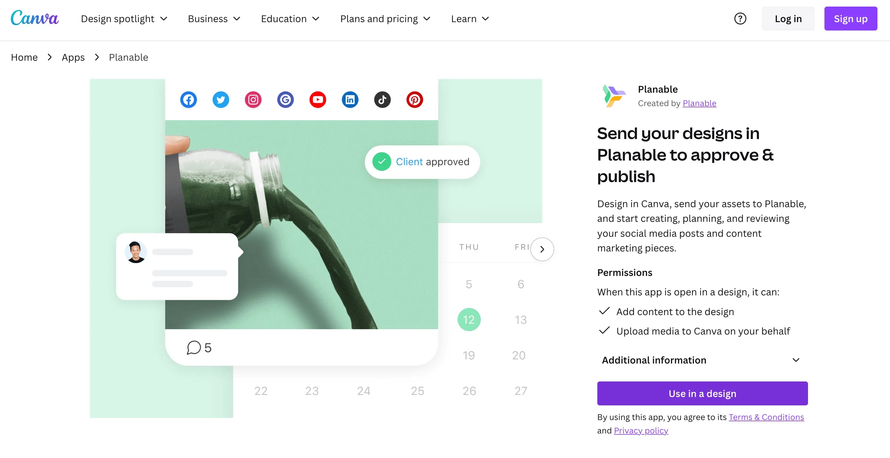 Canva integration page for Planable, showcasing design approval, collaboration, and social media publishing features with a sample post.