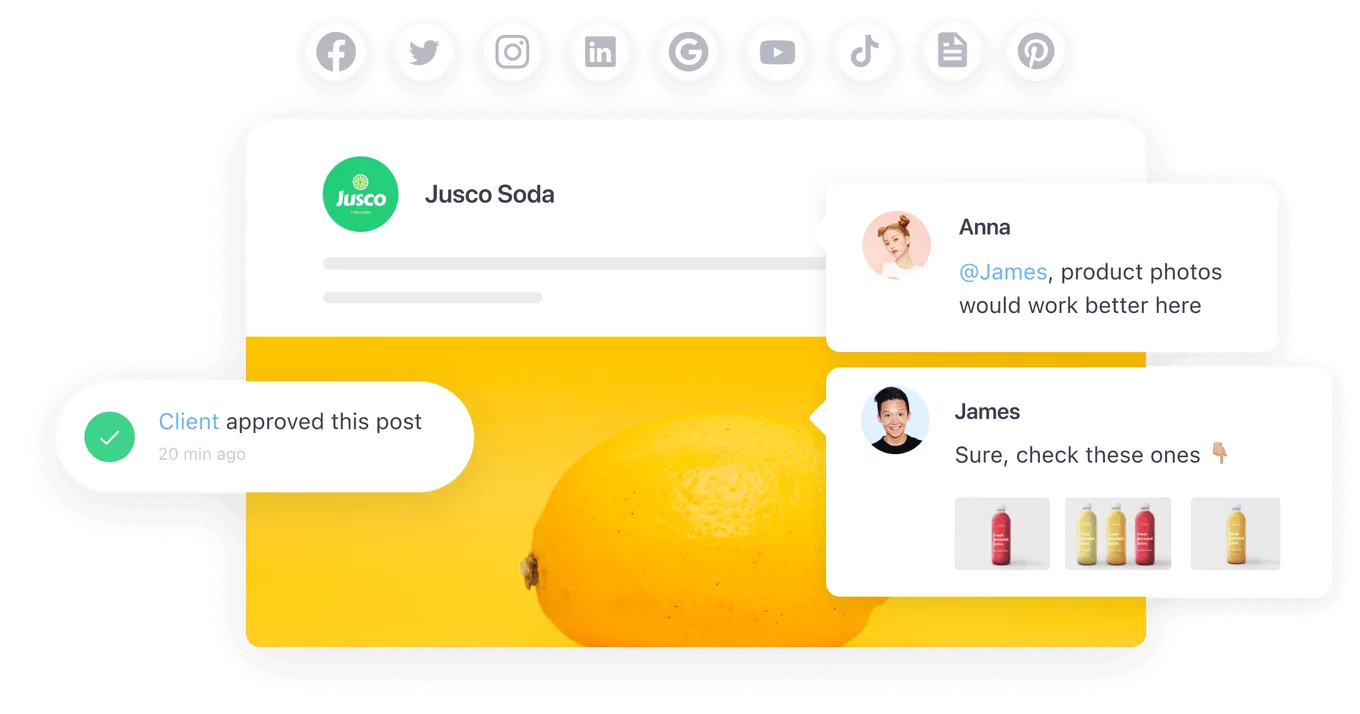 Social media post approval interface in Planable with comments suggesting product photo updates, client approval, and platform icons for sharing.
