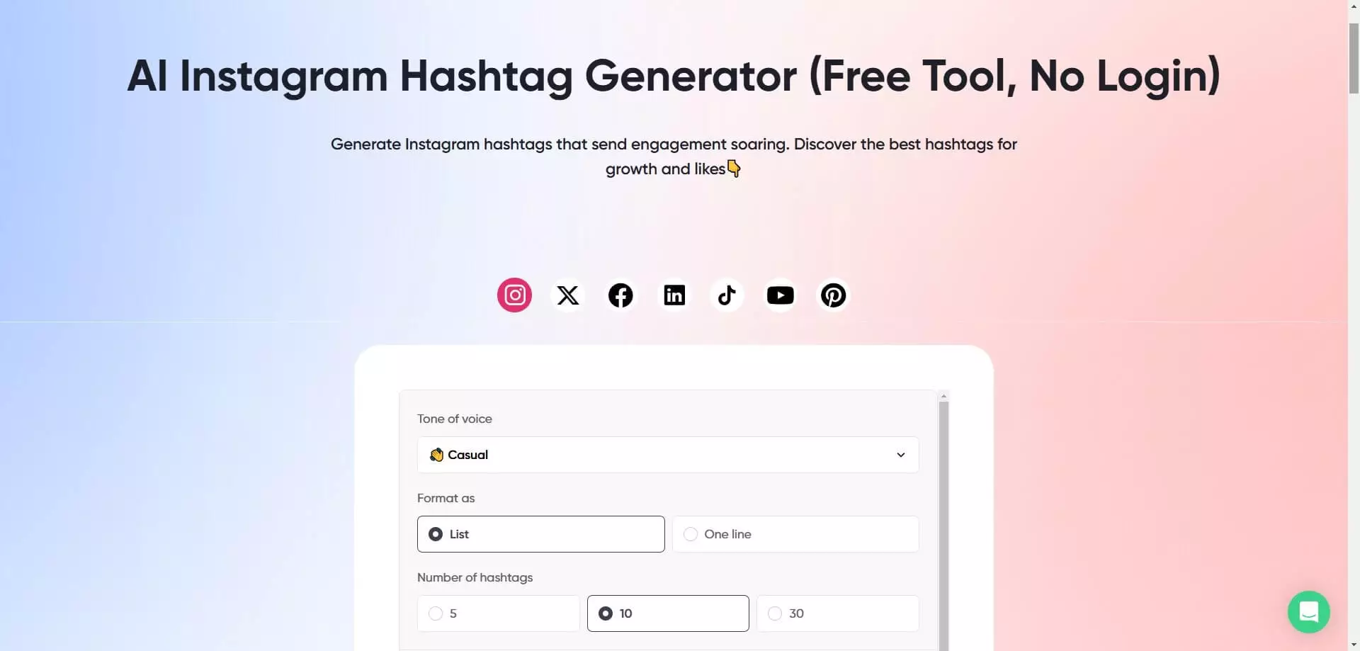 Interface of an AI Instagram Hashtag Generator tool, showing options to select tone, format, and number of hashtags for posts.