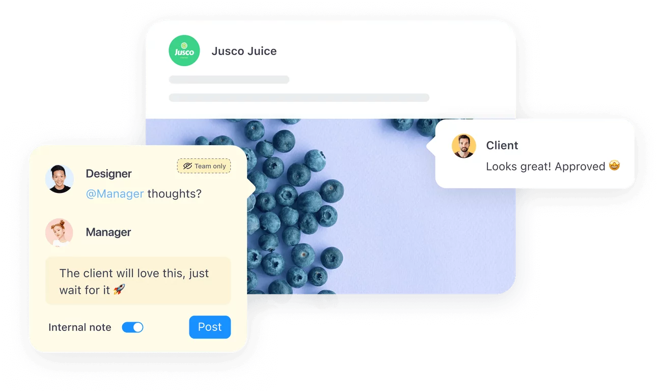 Collaboration in Planable on Jusco Juice content featuring blueberries, with designer notes and client approval in a streamlined feedback process.