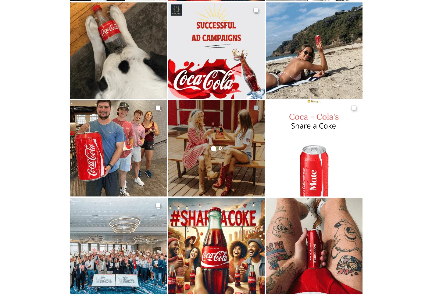 Coca-Cola's IG page with focus on user-generated content with its “Share a Coke” campaign, with multiple Coca-Cola-themed images.