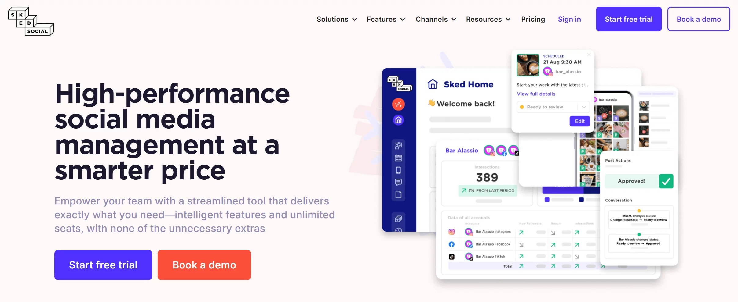Sked Social homepage promoting high-performance social media management with scheduling, analytics, and approval features.
