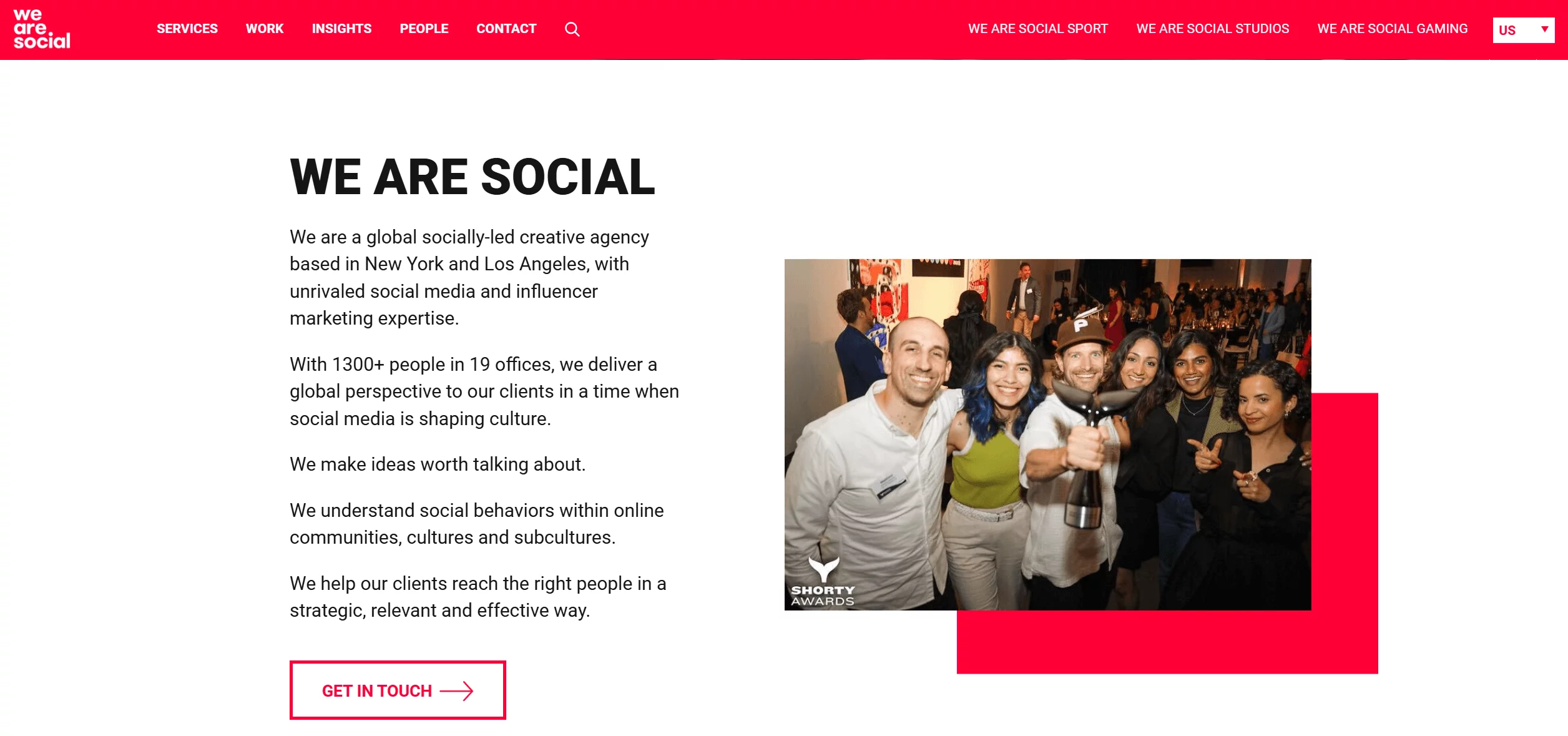 We Are Social's landing page showing their team celebrating a Shorty Award win at an event, symbolizing social media and influencer marketing excellence.