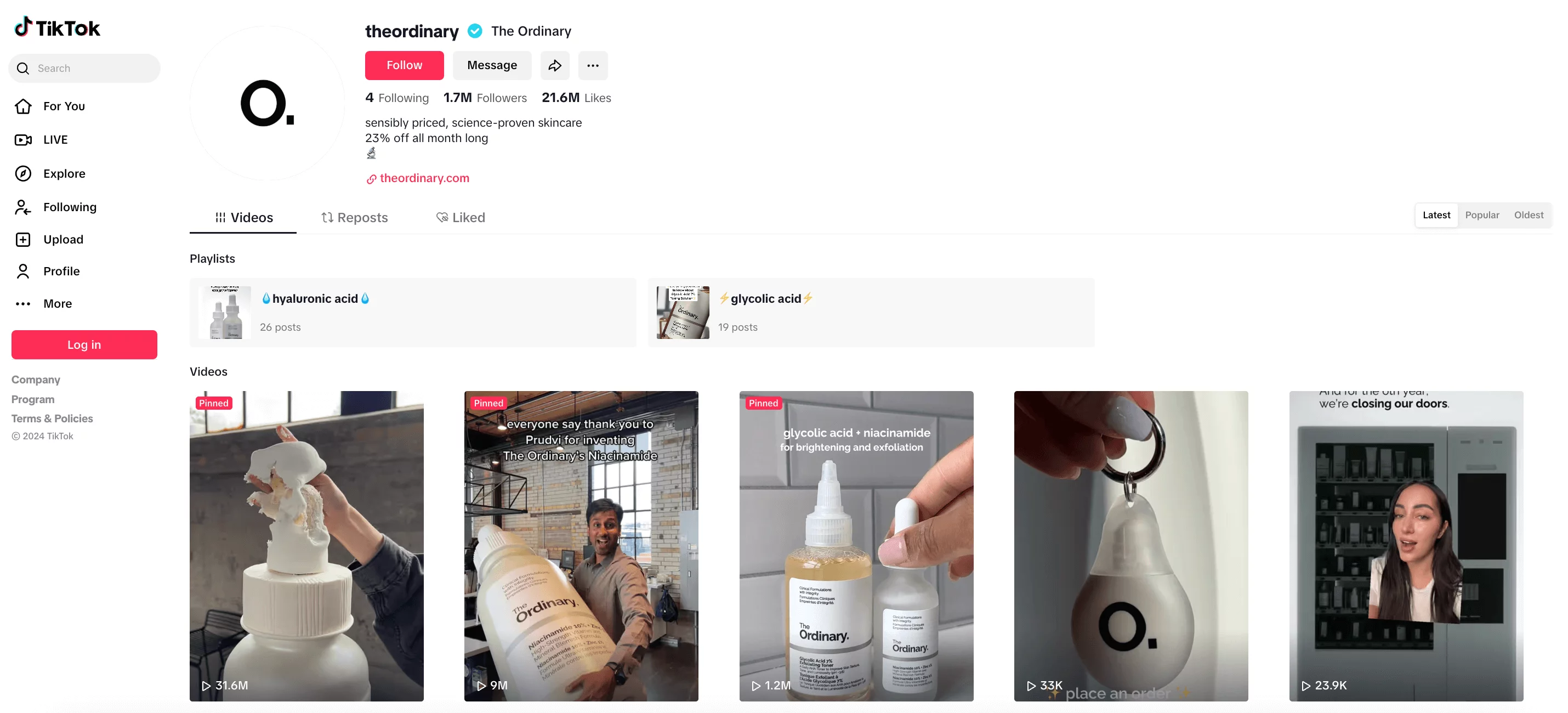 The Ordinary's TikTok profile showcasing skincare posts, pinned videos, and content about hyaluronic acid and glycolic acid products via its UGC campaign.