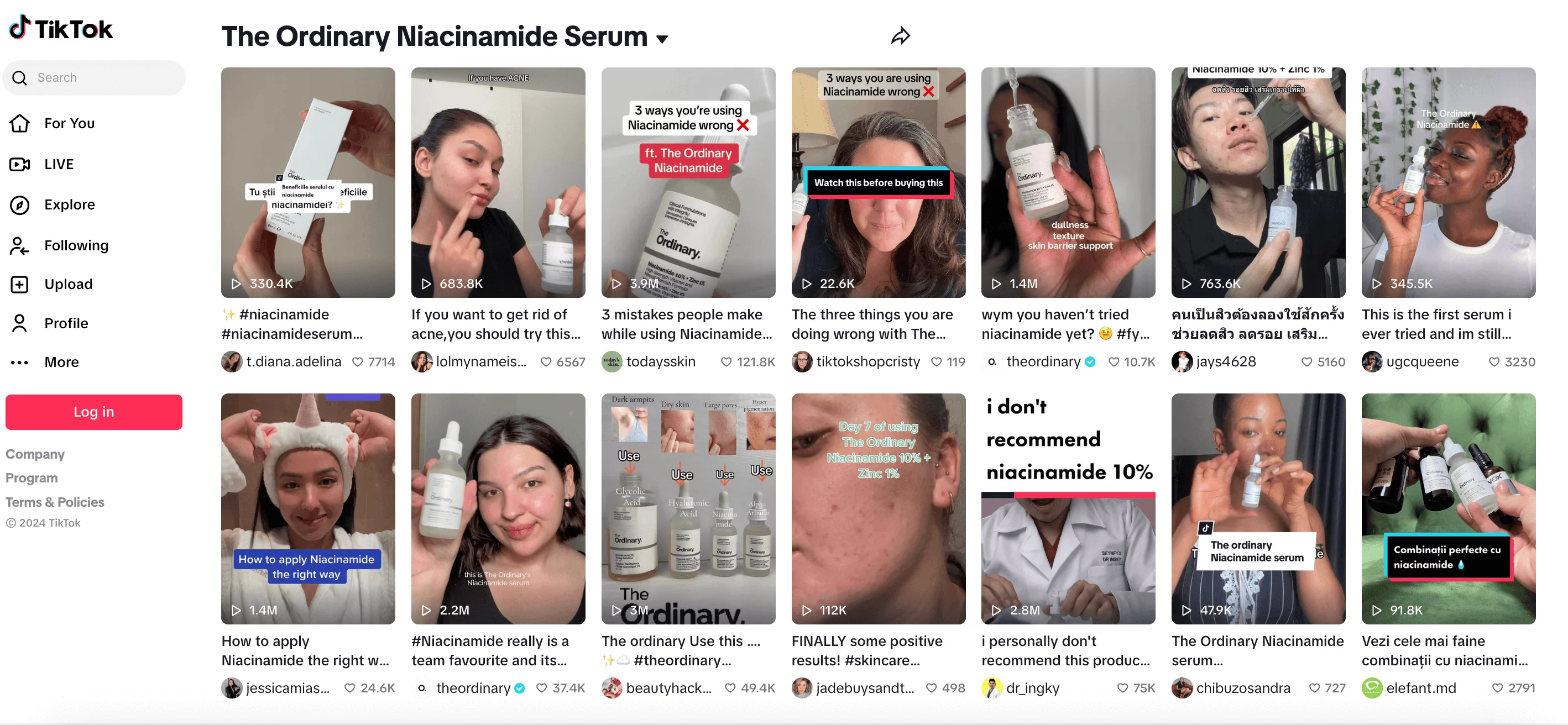 TikTok search results showcasing videos about The Ordinary Niacinamide Serum, including tips, reviews, and user experiences.