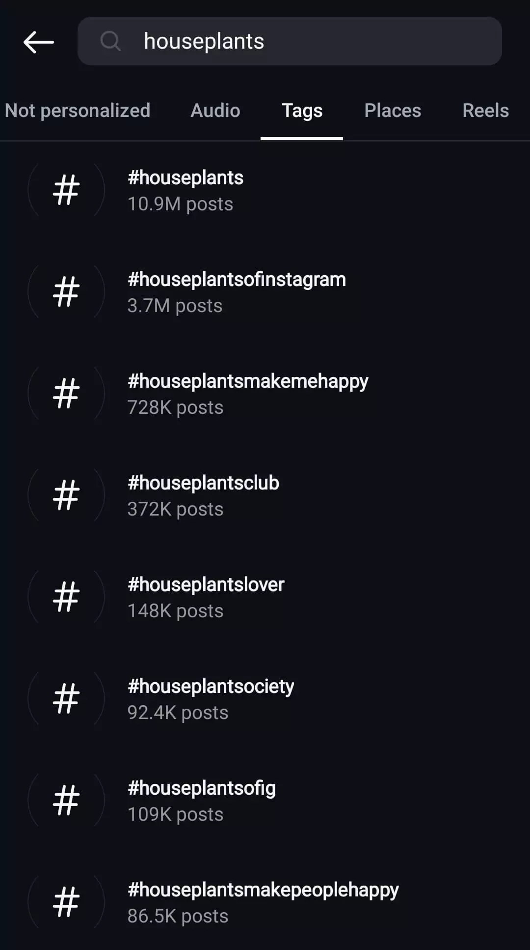 Instagram search results for the hashtag "houseplants," showing popular tags like #houseplants with 10.9M posts and others.