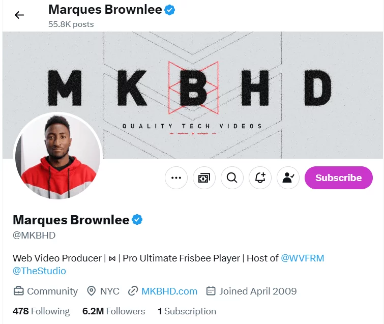 Marques Brownlee's social media profile with banner reading "MKBHD Quality Tech Videos," bio details, follower count, and subscription button.