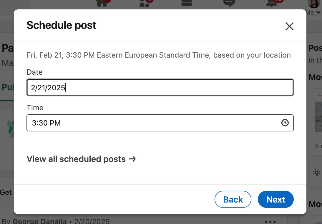 The native option to schedule a LinkedIn posts by selecting date and time scheduling fields 