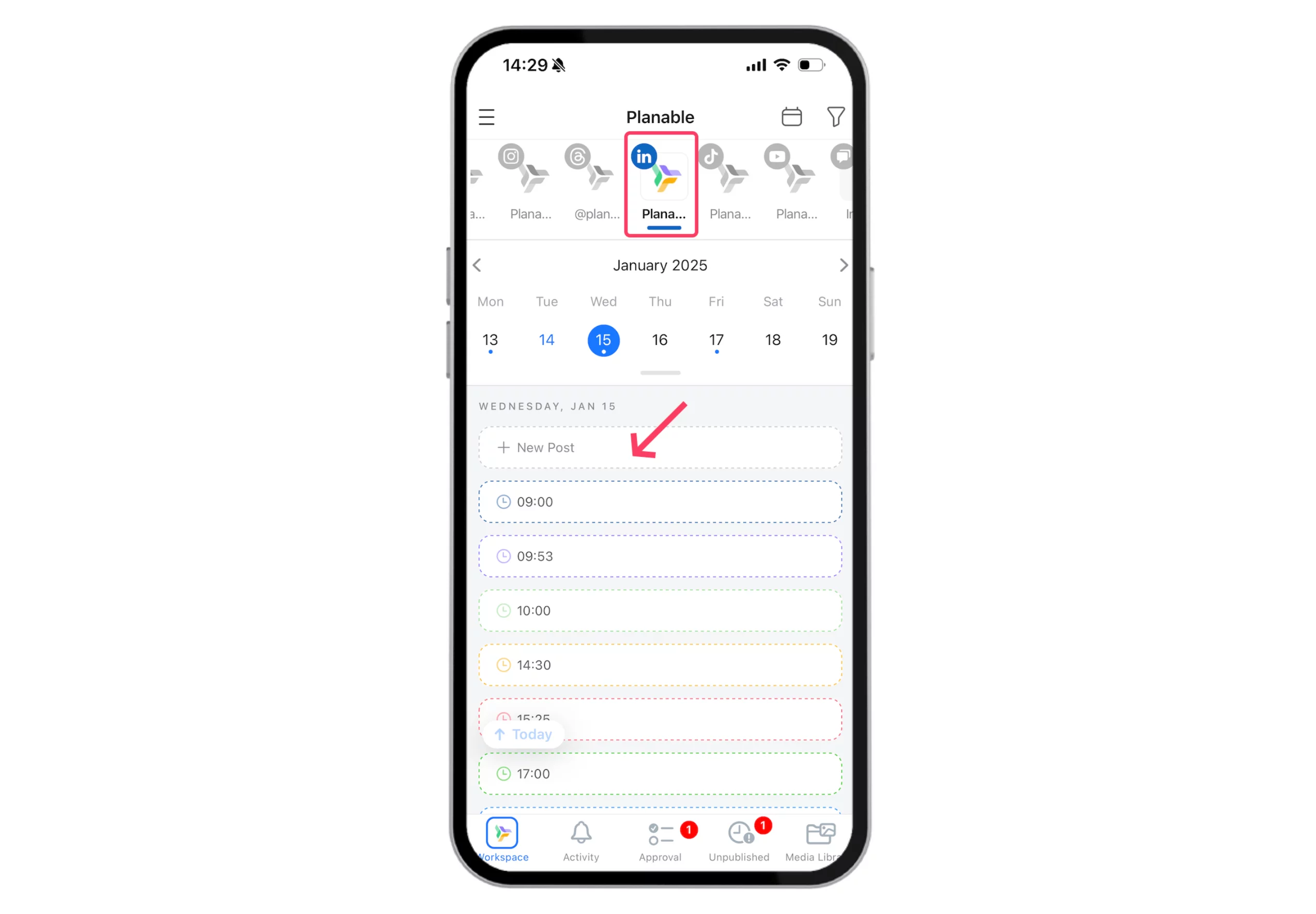 How to schedule a linkedin post in the planable mobile app interface