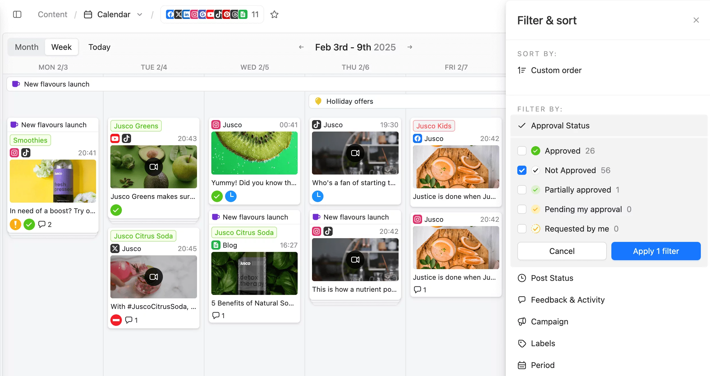 Planable's filter & sort settings with color-coded labels and custom views for organizing social media campaigns efficiently.