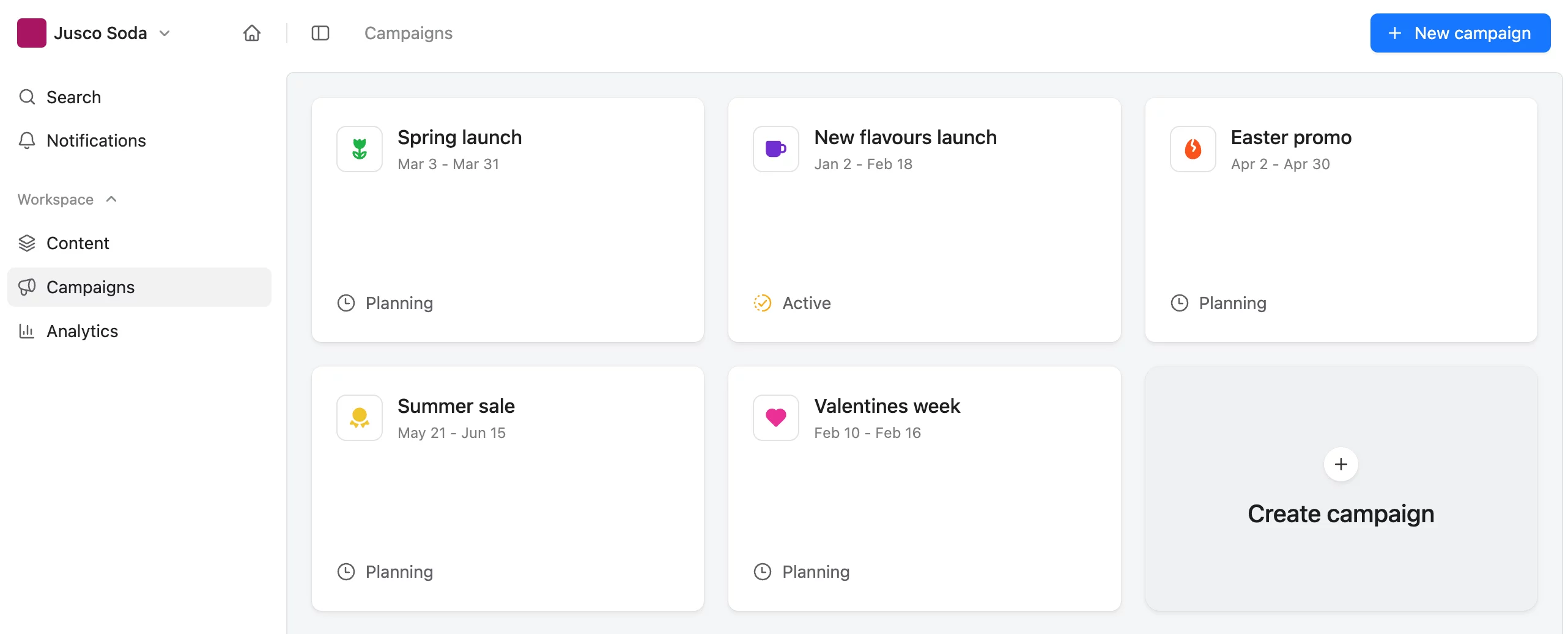 Planable's campaign dashboard displaying an overview of multiple social media campaigns with statuses, schedules, and performance insights.