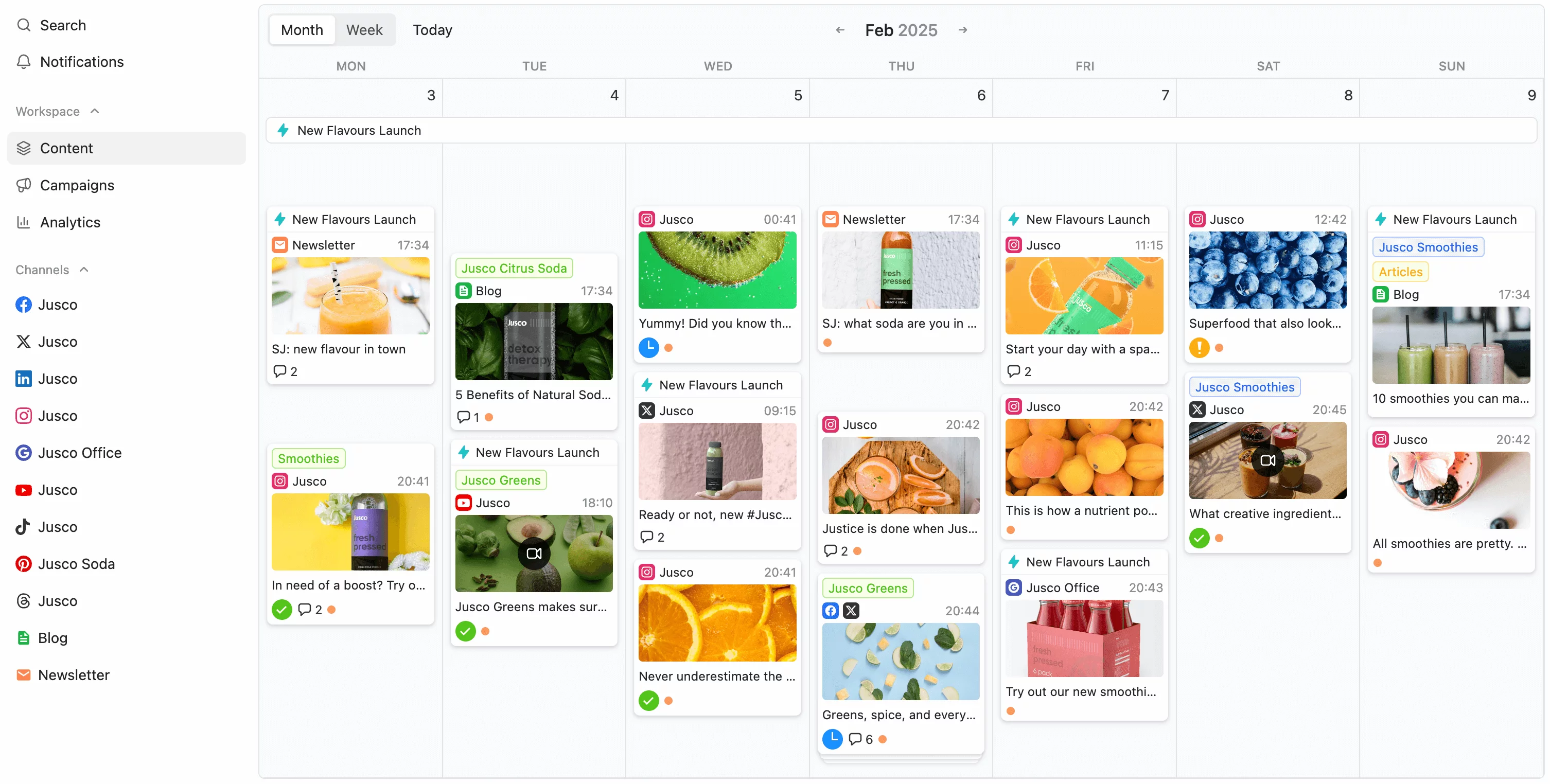 Planable's content calendar showing Jusco Soda's scheduled social media posts across platforms, featuring smoothies and natural beverage promotions.