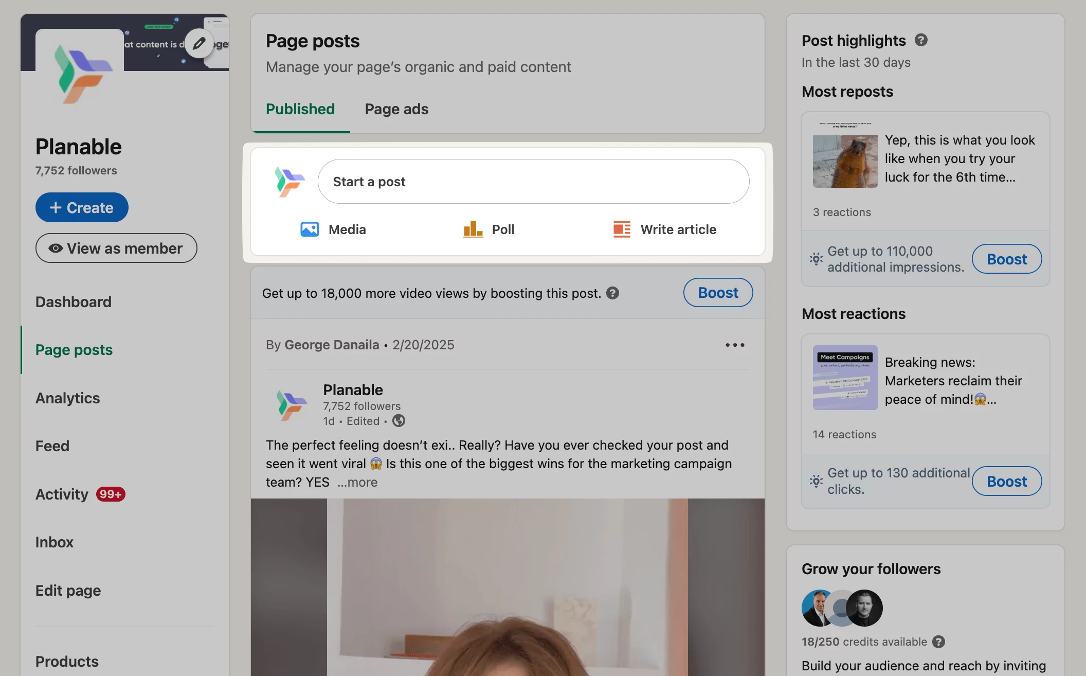 Screenshot from Planable's LinkedIN page view for how to schedule posts natively from the 'Start a post section'