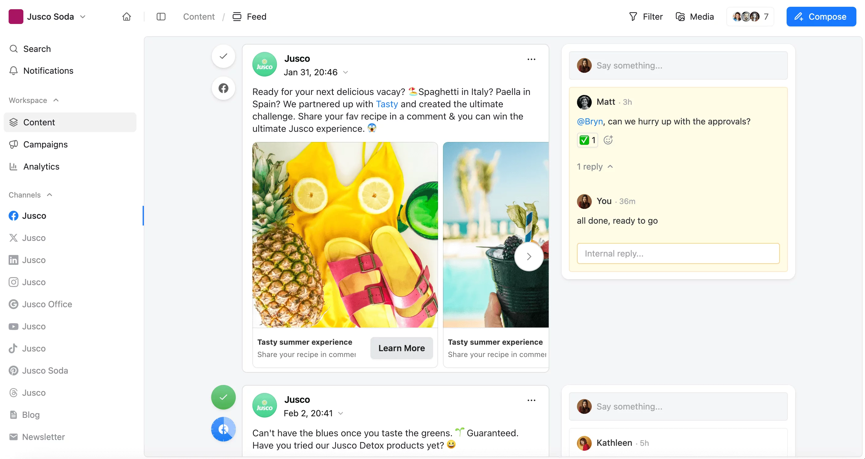 Planable's social media feed view showing a scheduled post, team collaboration, and approval workflow for content management.